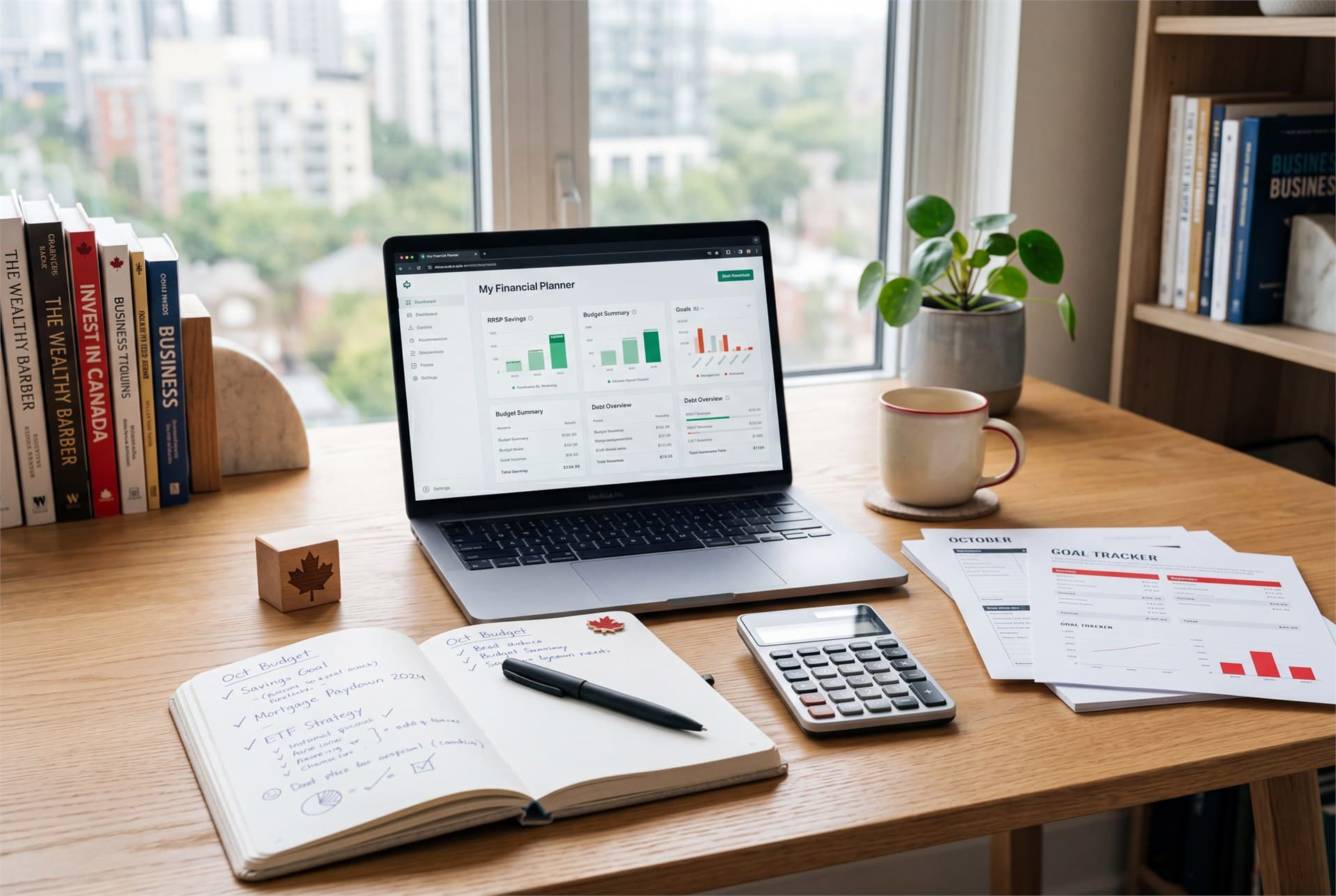 A practical Canadian workspace representing loans, mortgages, savings, and financial planning.