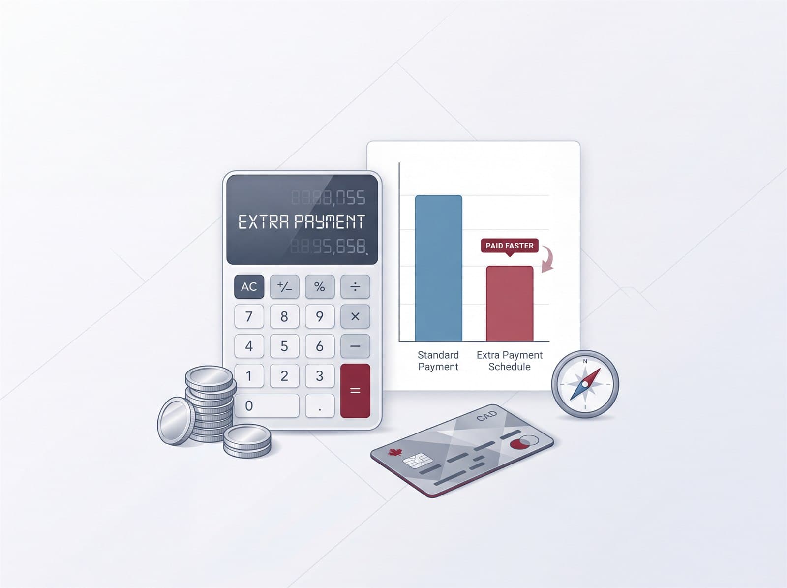 Illustration of Canadian loan planning with a calculator and payment comparison.
